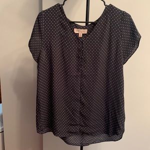 Women’s large black work blouse with white polka dots